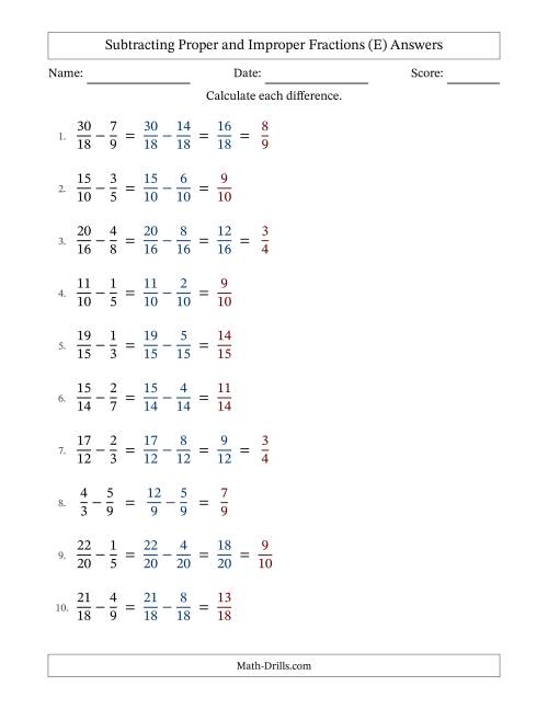 The Subtracting Proper and Improper Fractions with Similar Denominators, Proper Fractions Results and Some Simplifying (Fillable) (E) Math Worksheet Page 2