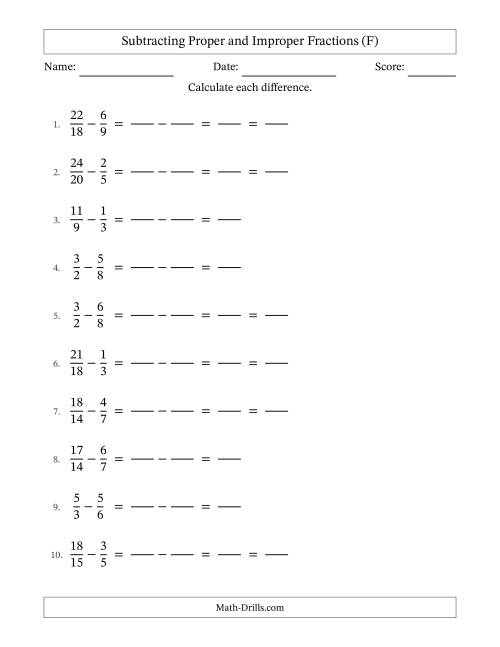 The Subtracting Fractions with Easy to Find Common Denominators and Some Improper Fractions (F) Math Worksheet