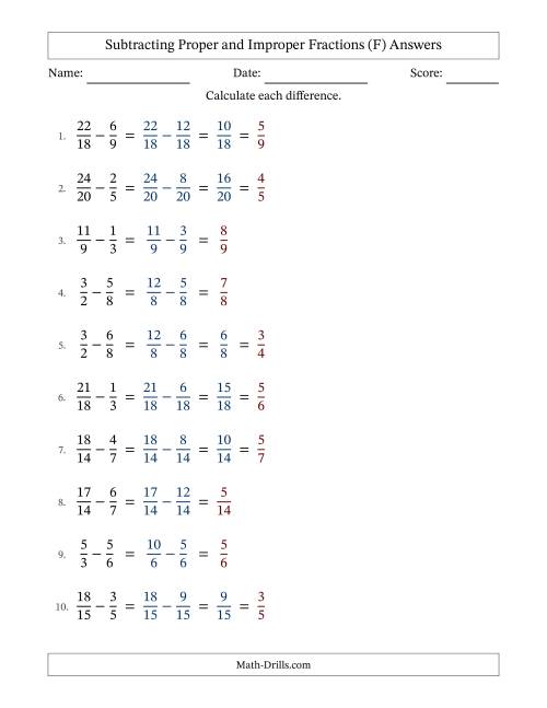 The Subtracting Fractions with Easy to Find Common Denominators and Some Improper Fractions (F) Math Worksheet Page 2