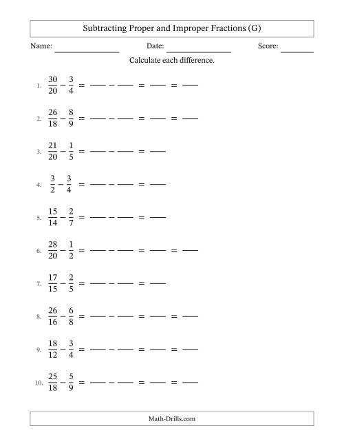 The Subtracting Fractions with Easy to Find Common Denominators and Some Improper Fractions (G) Math Worksheet