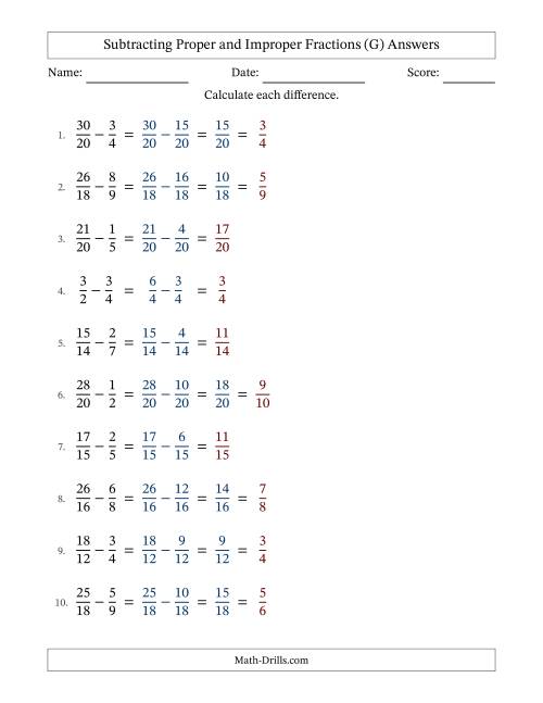 The Subtracting Fractions with Easy to Find Common Denominators and Some Improper Fractions (G) Math Worksheet Page 2