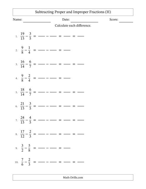 The Subtracting Fractions with Easy to Find Common Denominators and Some Improper Fractions (H) Math Worksheet