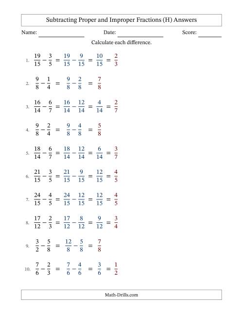 The Subtracting Fractions with Easy to Find Common Denominators and Some Improper Fractions (H) Math Worksheet Page 2