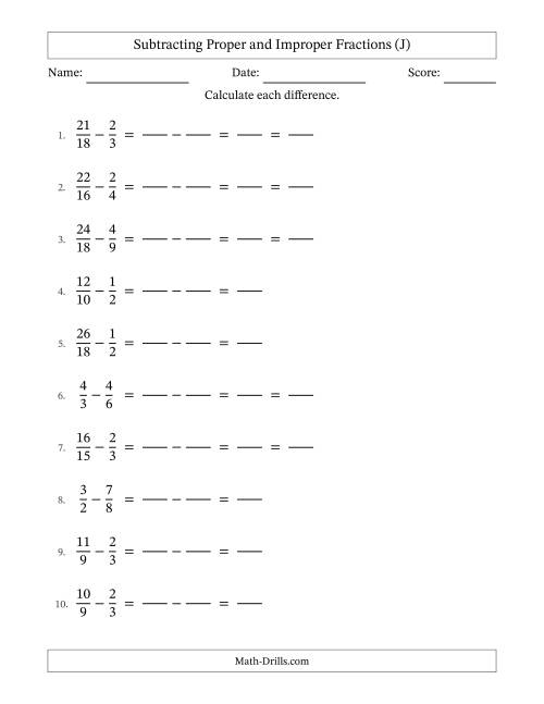 The Subtracting Fractions with Easy to Find Common Denominators and Some Improper Fractions (J) Math Worksheet
