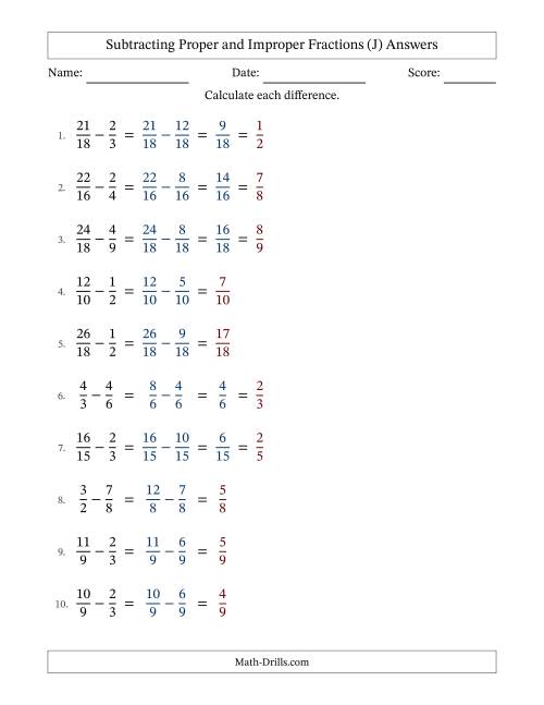 The Subtracting Fractions with Easy to Find Common Denominators and Some Improper Fractions (J) Math Worksheet Page 2