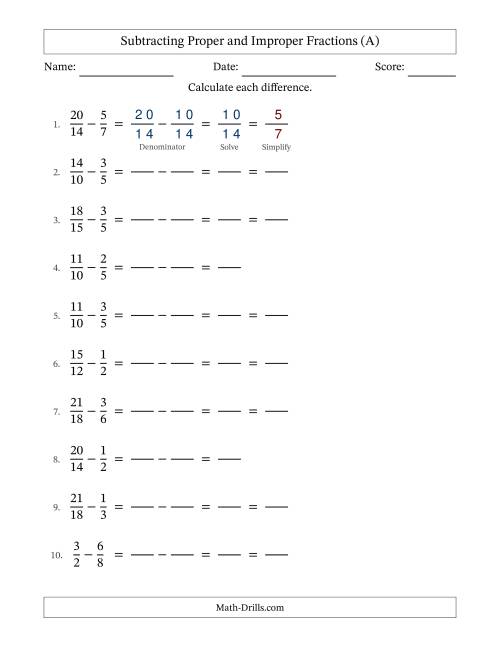 The Subtracting Fractions with Easy to Find Common Denominators and Some Improper Fractions (All) Math Worksheet