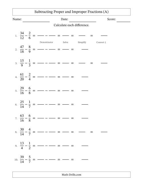 The Subtracting Proper and Improper Fractions with Similar Denominators, Mixed Fractions Results and Some Simplifying (Fillable) (A) Math Worksheet