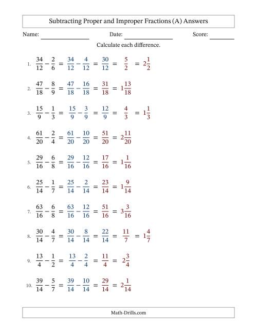The Subtracting Fractions with Easy to Find Common Denominators and Some Improper Fractions and Mixed Fractions Results (A) Math Worksheet Page 2