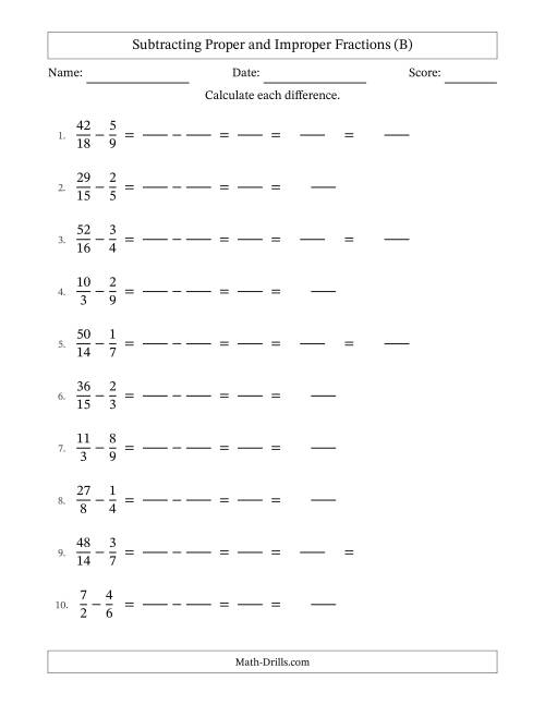 The Subtracting Proper and Improper Fractions with Similar Denominators, Mixed Fractions Results and Some Simplifying (Fillable) (B) Math Worksheet