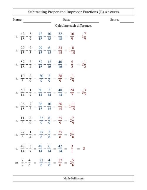 The Subtracting Proper and Improper Fractions with Similar Denominators, Mixed Fractions Results and Some Simplifying (Fillable) (B) Math Worksheet Page 2