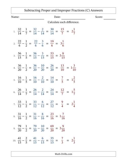 The Subtracting Proper and Improper Fractions with Similar Denominators, Mixed Fractions Results and Some Simplifying (Fillable) (C) Math Worksheet Page 2