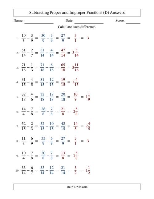 The Subtracting Proper and Improper Fractions with Similar Denominators, Mixed Fractions Results and Some Simplifying (Fillable) (D) Math Worksheet Page 2