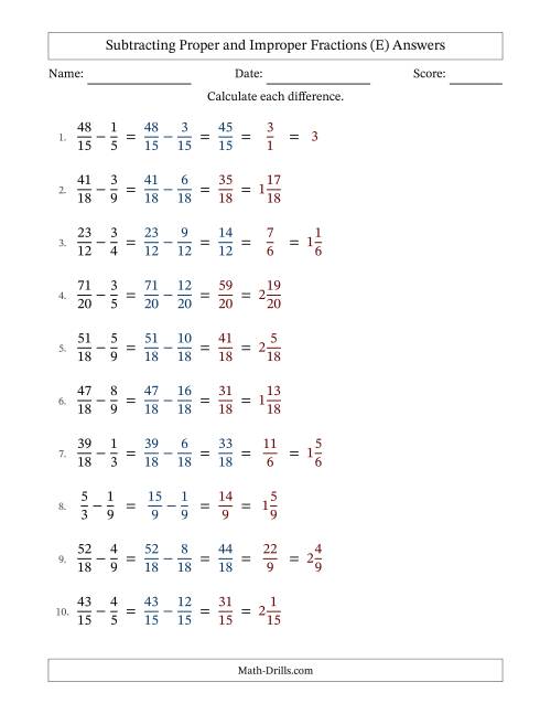 The Subtracting Proper and Improper Fractions with Similar Denominators, Mixed Fractions Results and Some Simplifying (Fillable) (E) Math Worksheet Page 2