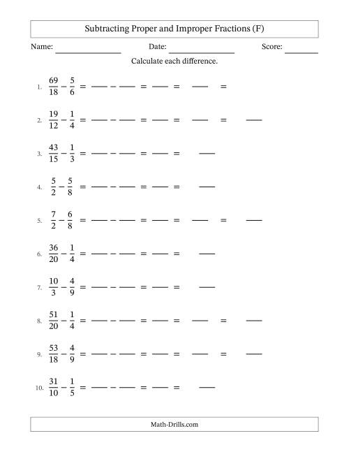 The Subtracting Proper and Improper Fractions with Similar Denominators, Mixed Fractions Results and Some Simplifying (Fillable) (F) Math Worksheet