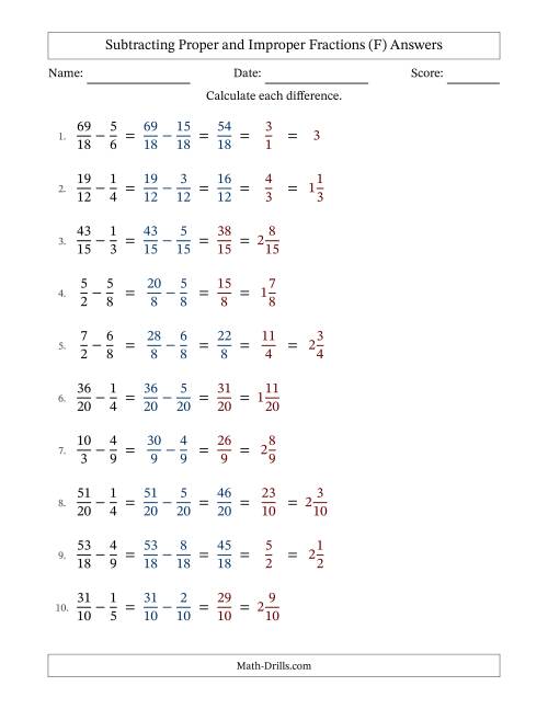 The Subtracting Proper and Improper Fractions with Similar Denominators, Mixed Fractions Results and Some Simplifying (Fillable) (F) Math Worksheet Page 2