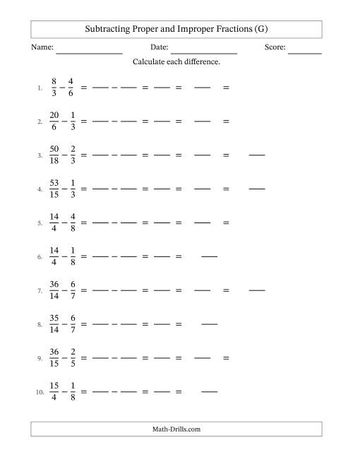 The Subtracting Proper and Improper Fractions with Similar Denominators, Mixed Fractions Results and Some Simplifying (Fillable) (G) Math Worksheet