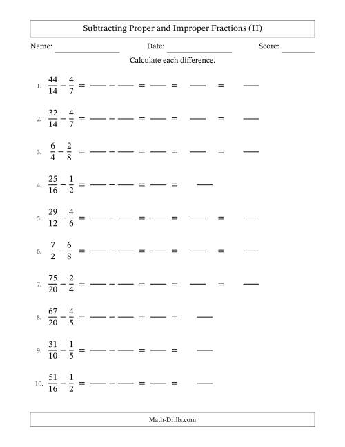 The Subtracting Proper and Improper Fractions with Similar Denominators, Mixed Fractions Results and Some Simplifying (Fillable) (H) Math Worksheet