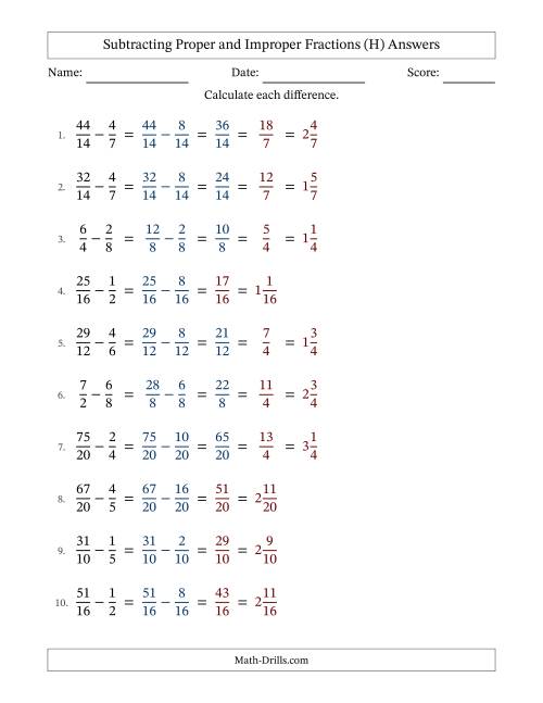 The Subtracting Proper and Improper Fractions with Similar Denominators, Mixed Fractions Results and Some Simplifying (Fillable) (H) Math Worksheet Page 2