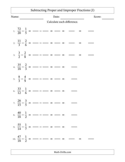 The Subtracting Proper and Improper Fractions with Similar Denominators, Mixed Fractions Results and Some Simplifying (Fillable) (J) Math Worksheet