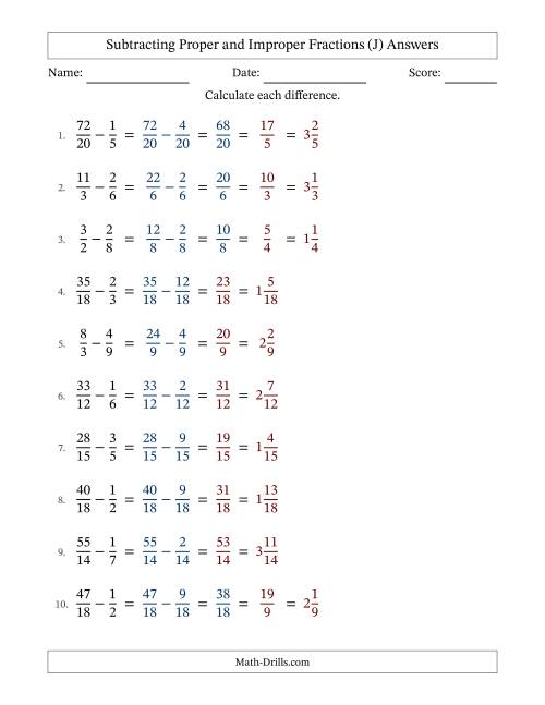 The Subtracting Proper and Improper Fractions with Similar Denominators, Mixed Fractions Results and Some Simplifying (Fillable) (J) Math Worksheet Page 2