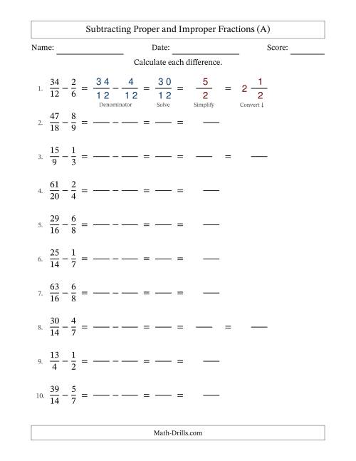 The Subtracting Proper and Improper Fractions with Similar Denominators, Mixed Fractions Results and Some Simplifying (Fillable) (All) Math Worksheet