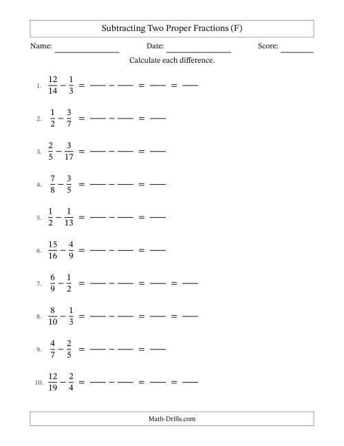 The Subtracting Two Proper Fractions with Unlike Denominators, Proper Fractions Results and Some Simplifying (Fillable) (F) Math Worksheet