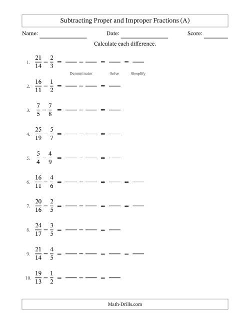 The Subtracting Proper and Improper Fractions with Unlike Denominators, Proper Fractions Results and Some Simplifying (Fillable) (A) Math Worksheet