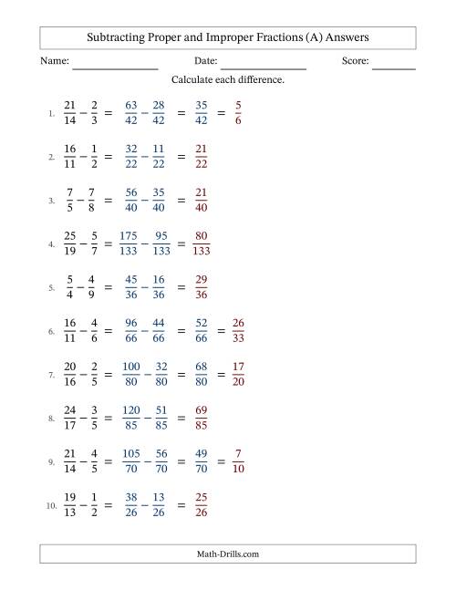 The Subtracting Proper and Improper Fractions with Unlike Denominators, Proper Fractions Results and Some Simplifying (Fillable) (A) Math Worksheet Page 2