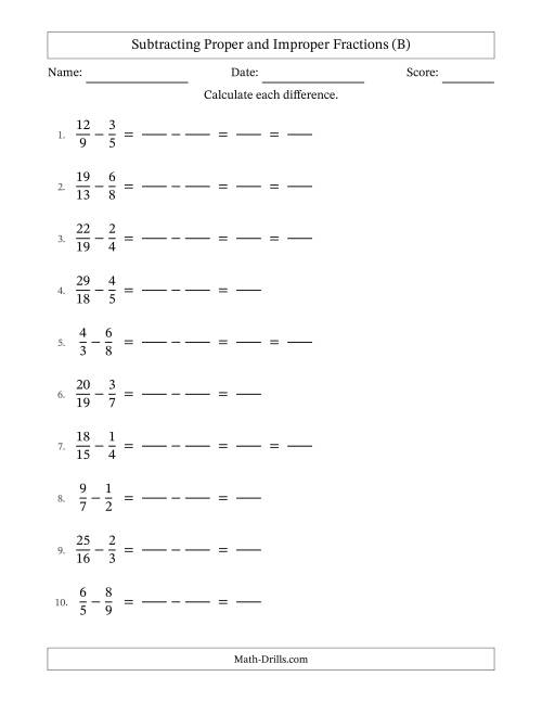 The Subtracting Proper and Improper Fractions with Unlike Denominators, Proper Fractions Results and Some Simplifying (Fillable) (B) Math Worksheet