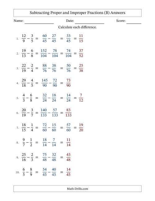 The Subtracting Proper and Improper Fractions with Unlike Denominators, Proper Fractions Results and Some Simplifying (Fillable) (B) Math Worksheet Page 2