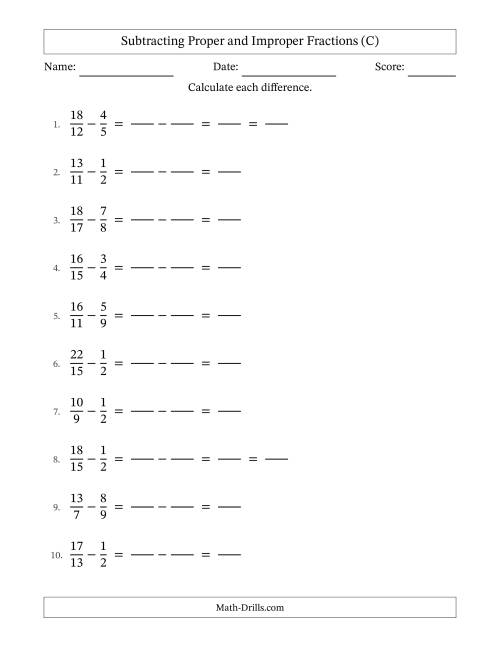 The Subtracting Proper and Improper Fractions with Unlike Denominators, Proper Fractions Results and Some Simplifying (Fillable) (C) Math Worksheet