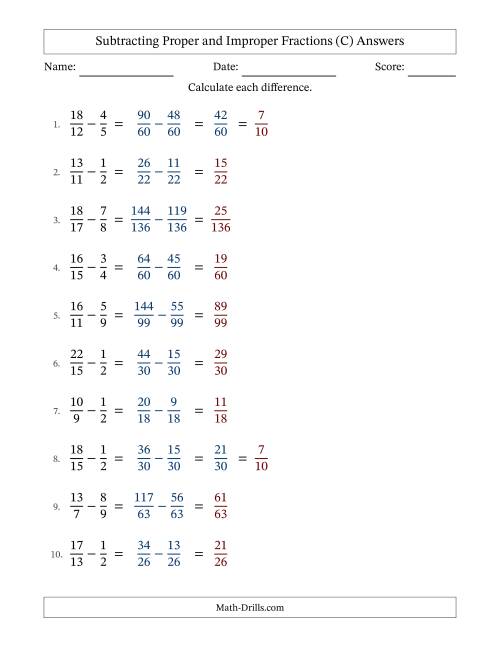 The Subtracting Proper and Improper Fractions with Unlike Denominators, Proper Fractions Results and Some Simplifying (Fillable) (C) Math Worksheet Page 2