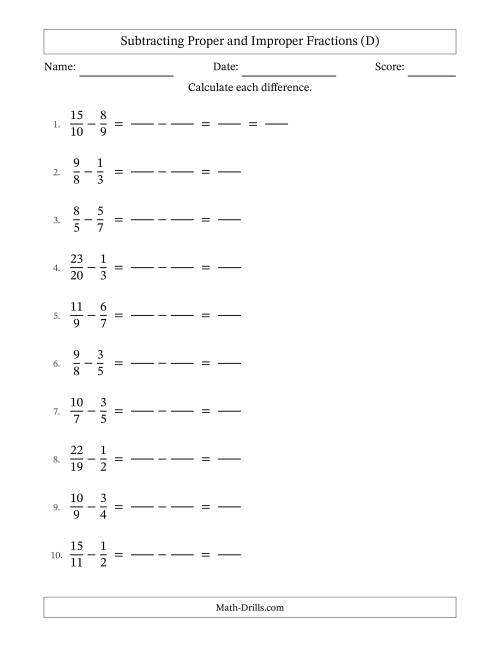 The Subtracting Proper and Improper Fractions with Unlike Denominators, Proper Fractions Results and Some Simplifying (Fillable) (D) Math Worksheet