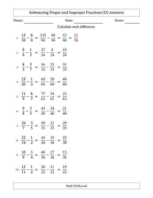 The Subtracting Proper and Improper Fractions with Unlike Denominators, Proper Fractions Results and Some Simplifying (Fillable) (D) Math Worksheet Page 2