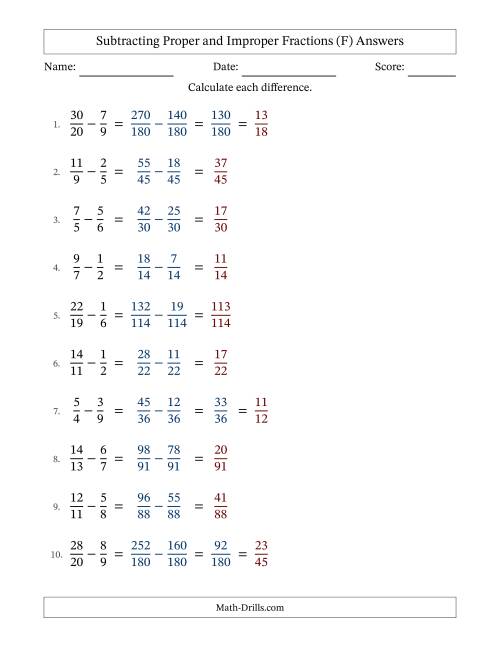 The Subtracting Proper and Improper Fractions with Unlike Denominators, Proper Fractions Results and Some Simplifying (Fillable) (F) Math Worksheet Page 2