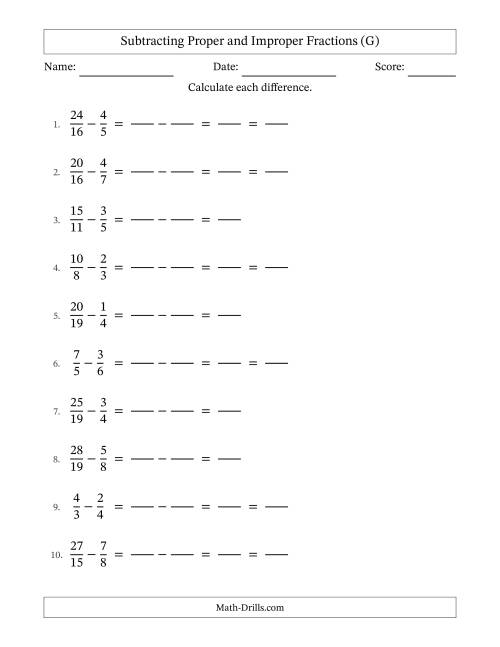 The Subtracting Proper and Improper Fractions with Unlike Denominators, Proper Fractions Results and Some Simplifying (Fillable) (G) Math Worksheet