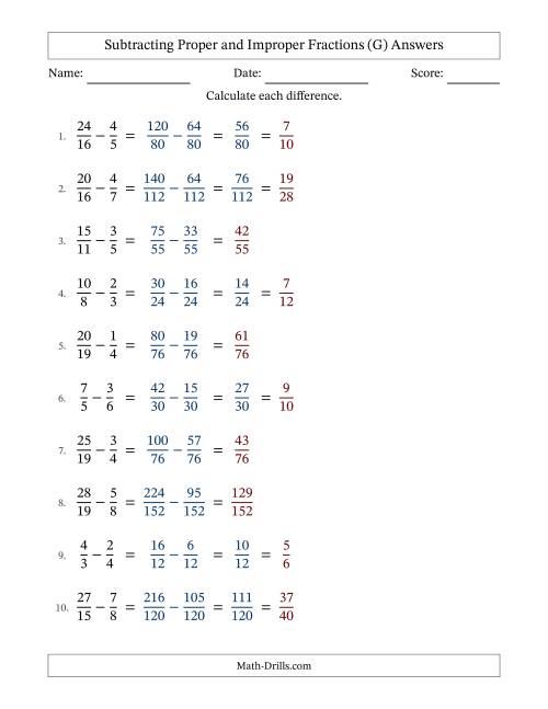 The Subtracting Proper and Improper Fractions with Unlike Denominators, Proper Fractions Results and Some Simplifying (Fillable) (G) Math Worksheet Page 2