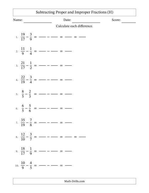The Subtracting Proper and Improper Fractions with Unlike Denominators, Proper Fractions Results and Some Simplifying (Fillable) (H) Math Worksheet