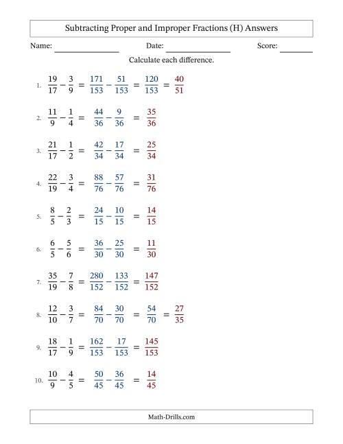 The Subtracting Proper and Improper Fractions with Unlike Denominators, Proper Fractions Results and Some Simplifying (Fillable) (H) Math Worksheet Page 2