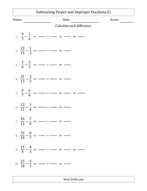The Subtracting Proper and Improper Fractions with Unlike Denominators, Proper Fractions Results and Some Simplifying (Fillable) (I) Math Worksheet