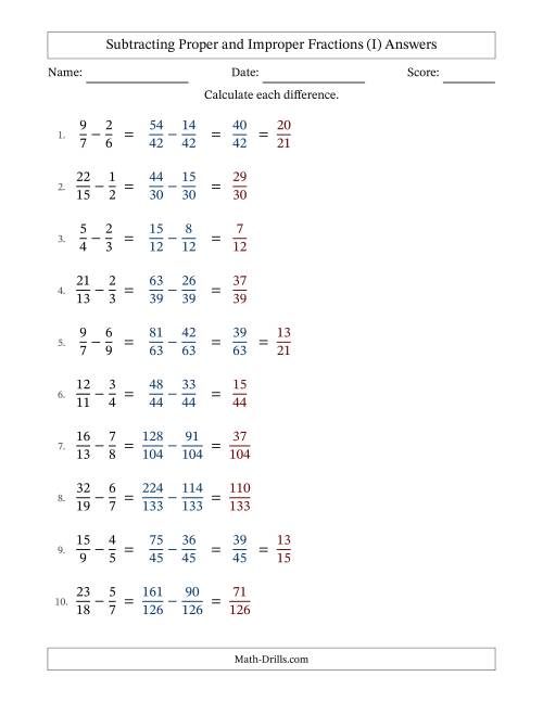 The Subtracting Proper and Improper Fractions with Unlike Denominators, Proper Fractions Results and Some Simplifying (Fillable) (I) Math Worksheet Page 2
