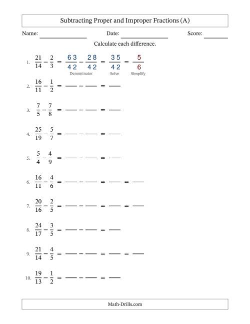 The Subtracting Proper and Improper Fractions with Unlike Denominators, Proper Fractions Results and Some Simplifying (Fillable) (All) Math Worksheet