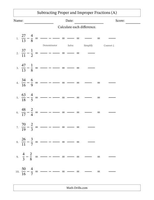 The Subtracting Fractions with Unlike Denominators and some Improper Fractions and Mixed Fraction Results (A) Math Worksheet