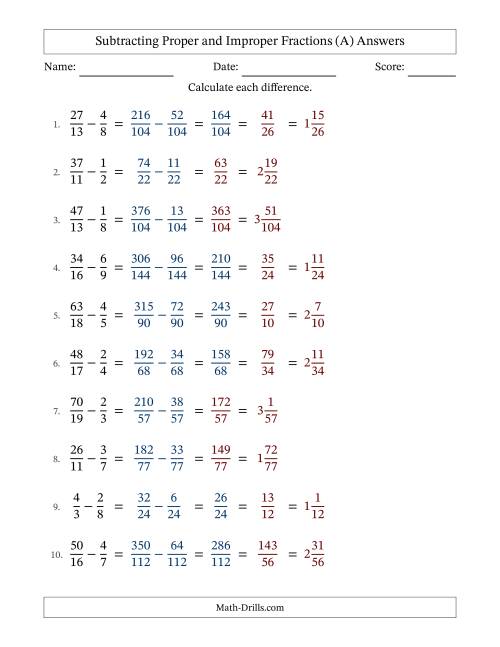 The Subtracting Fractions with Unlike Denominators and some Improper Fractions and Mixed Fraction Results (A) Math Worksheet Page 2
