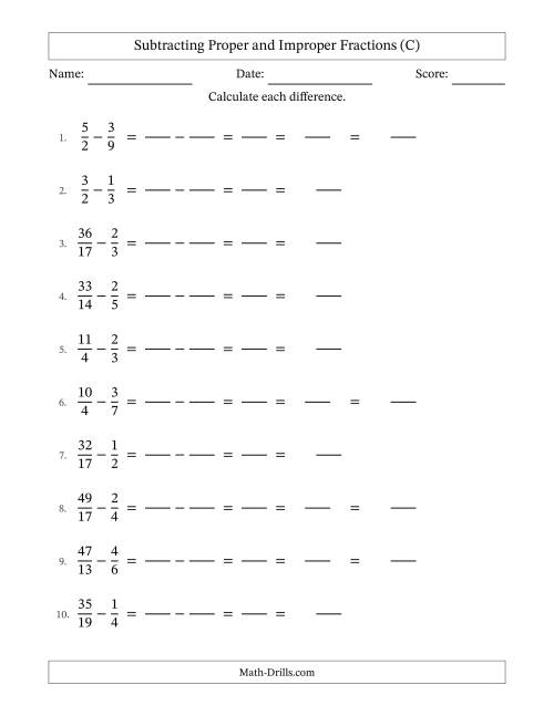 The Subtracting Proper and Improper Fractions with Unlike Denominators, Mixed Fractions Results and Some Simplifying (Fillable) (C) Math Worksheet