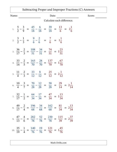 The Subtracting Proper and Improper Fractions with Unlike Denominators, Mixed Fractions Results and Some Simplifying (Fillable) (C) Math Worksheet Page 2