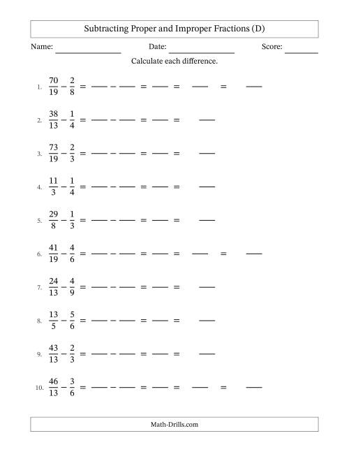 The Subtracting Proper and Improper Fractions with Unlike Denominators, Mixed Fractions Results and Some Simplifying (Fillable) (D) Math Worksheet