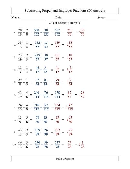 The Subtracting Proper and Improper Fractions with Unlike Denominators, Mixed Fractions Results and Some Simplifying (Fillable) (D) Math Worksheet Page 2