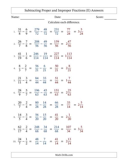 The Subtracting Proper and Improper Fractions with Unlike Denominators, Mixed Fractions Results and Some Simplifying (Fillable) (E) Math Worksheet Page 2