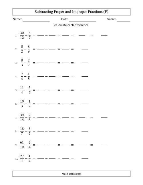 The Subtracting Proper and Improper Fractions with Unlike Denominators, Mixed Fractions Results and Some Simplifying (Fillable) (F) Math Worksheet